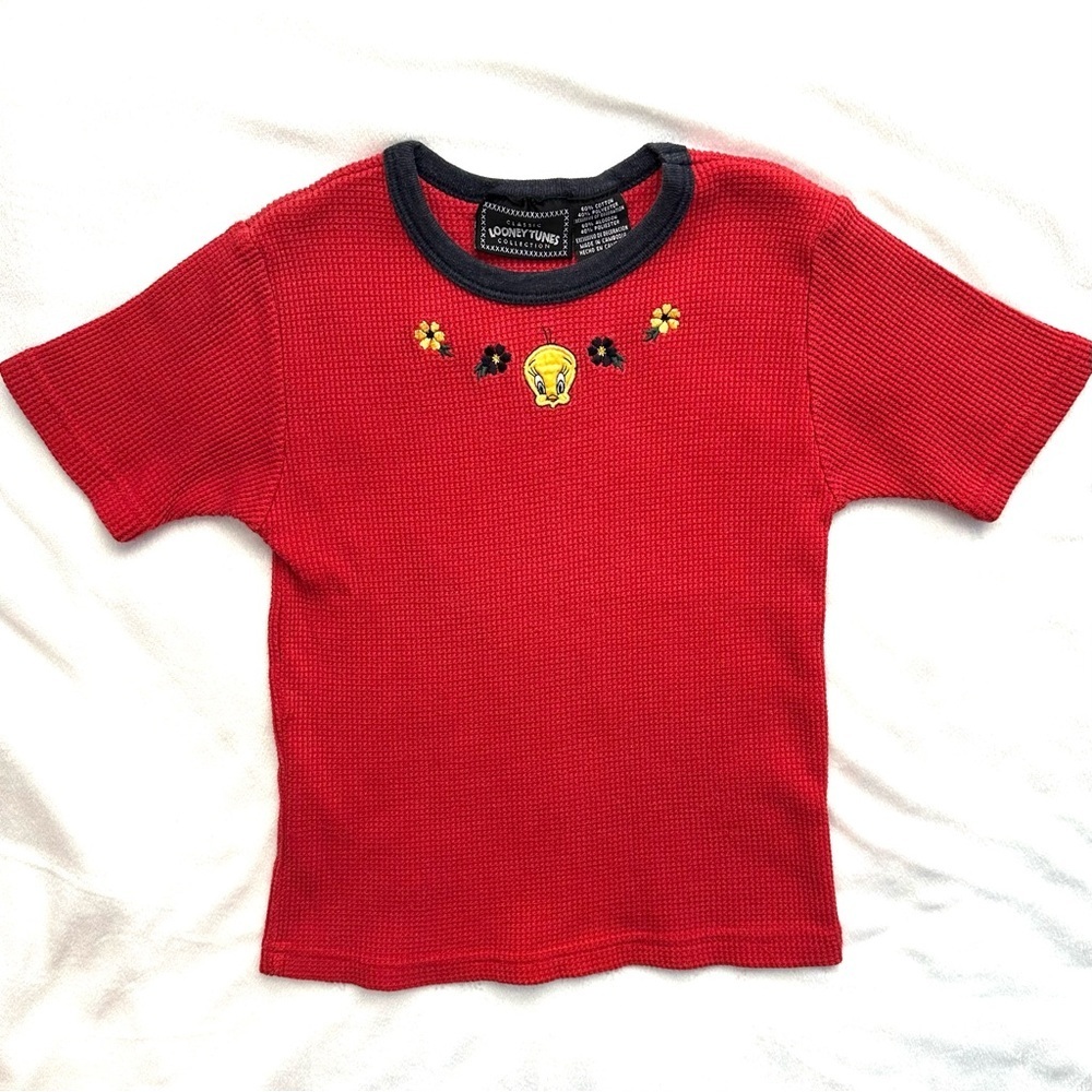 Vintage 1998 Looney Tunes Tweety Bird Red Waffle Shirt Girls M 8/10 Embroidered